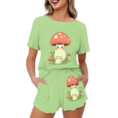 Upetstory Mushroom Cat Pajama for Womens Lounge Wear Short Sleeve T Shirt with Shorts Summer Two-Piece Pjs Sets Sleepwear Nightwear Home Clothes Holiday Jogger Party 3X