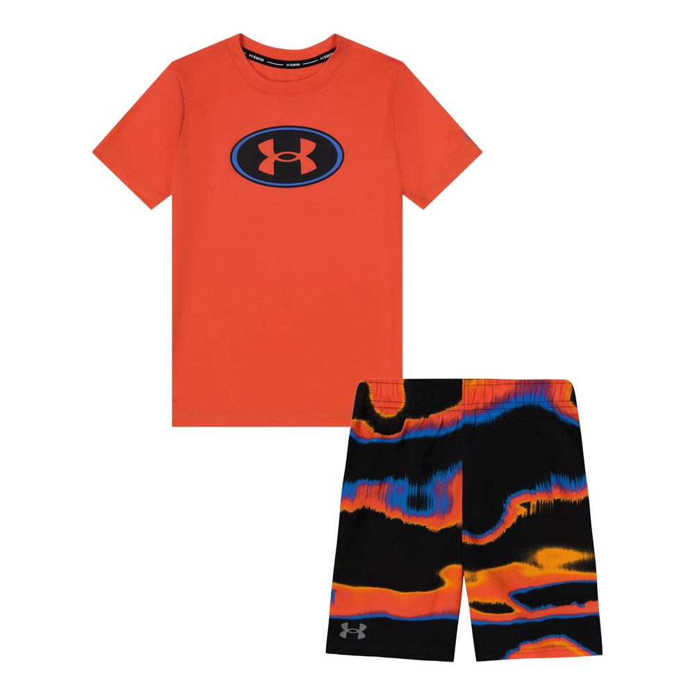 Under Armour Boys' 2-Piece Rashguard Swim Set, Short Sleeve Surf Shirt and Volley Trunks, UPF 50+ Sun Protection, Phoenix Fire, 2T
