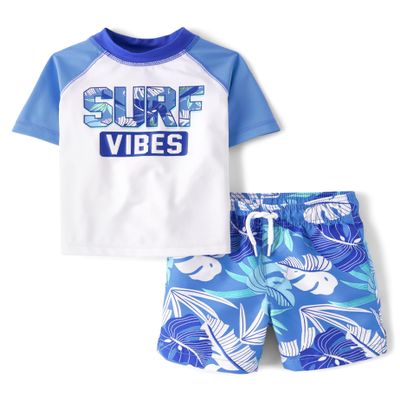 The Children's Place,Baby Boys,and Toddler Short Sleeve Rashguard and Bottoms,Surf Vibes Set,12 Months,18 Months