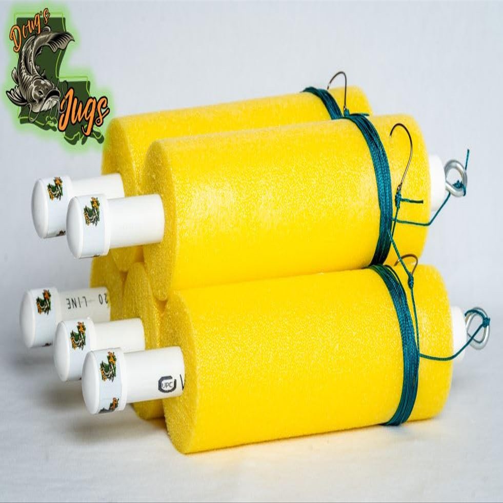 Dougs Fishing Jugs with Nylon Lines and Hooks for Catfish and Other Fish Set of 5, Heavy-Duty and Reusable Jumbo Noodles with PVC, Easy to Spot Colors (Yellow, 10 ft)