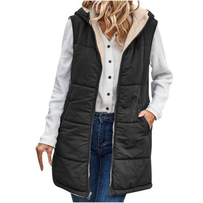Uillui Reversible Winter Vests Womens Hooded Long Puffer Vest Sleeveless Quilted Zipper Jacket Winter Warm Padded Gilet Coat