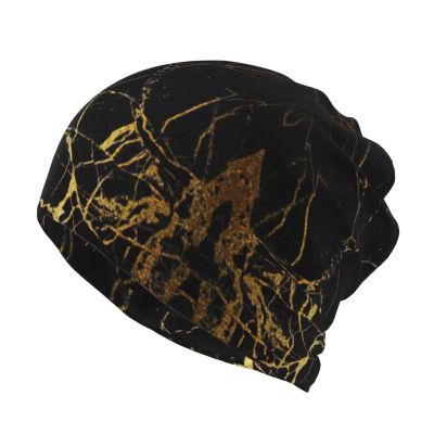 Mens Womens Winter Beanie Hat Scarf Set Warm Knit Thick Fleece Lined Cap Neck Warmer,Black Gold Marble Print