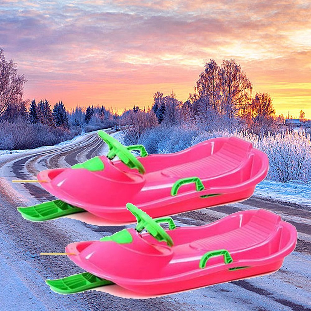 Children's Sledges with Steering Wheel, Two-Person Padded Sledges, Winter-Resistant Sledges, Plastic Sledges, Sledges with Brake Handrail