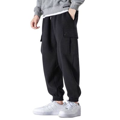 Tie Pants Trend Youth Casual Men's Warm Plus Velvet Overalls Pants Feet Men's Pants Jean Pants (Black, L)