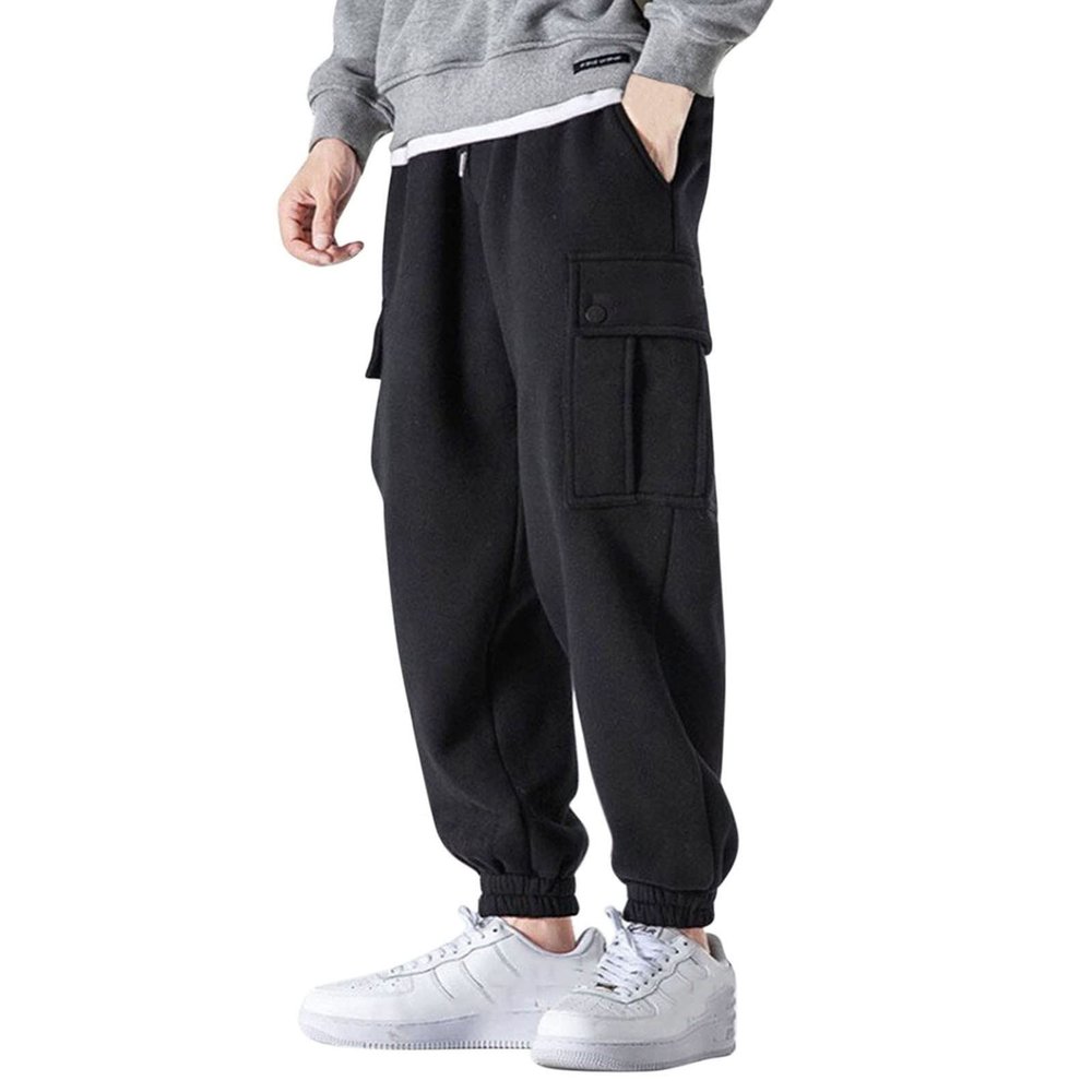 Tie Pants Trend Youth Casual Men's Warm Plus Velvet Overalls Pants Feet Men's Pants Jean Pants (Black, L)