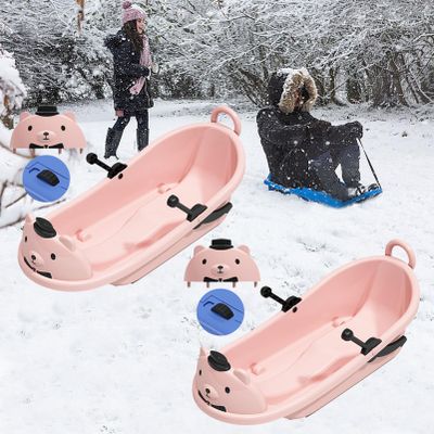 Children's Cartoon Bear Sled, Winter Wear-Resistant Sled, Big Backrest Sled with Wheels, Plastic Sled, Thickened Sled