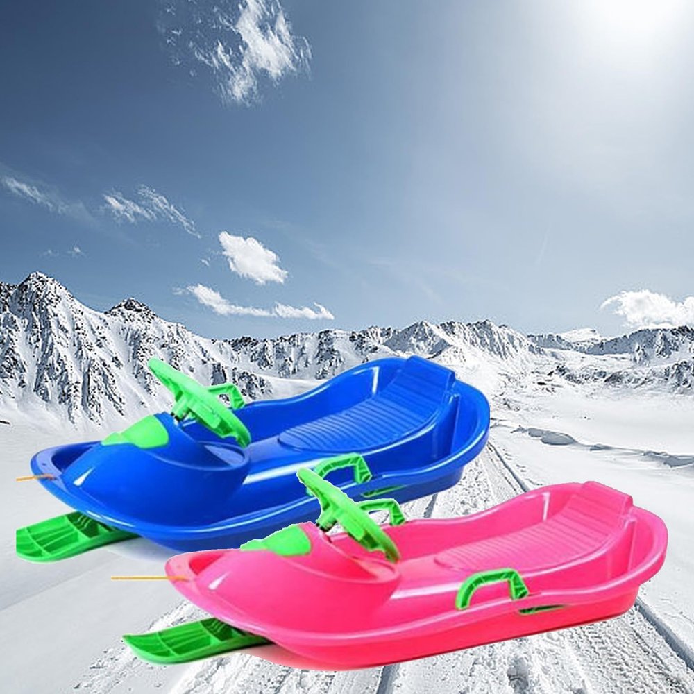 Children's Sledges with Steering Wheel, Two-Person Sledges with Cushions, Plastic Sledges, Sledges with Brake Handrails, Thickened Wear-Resistant Sledges