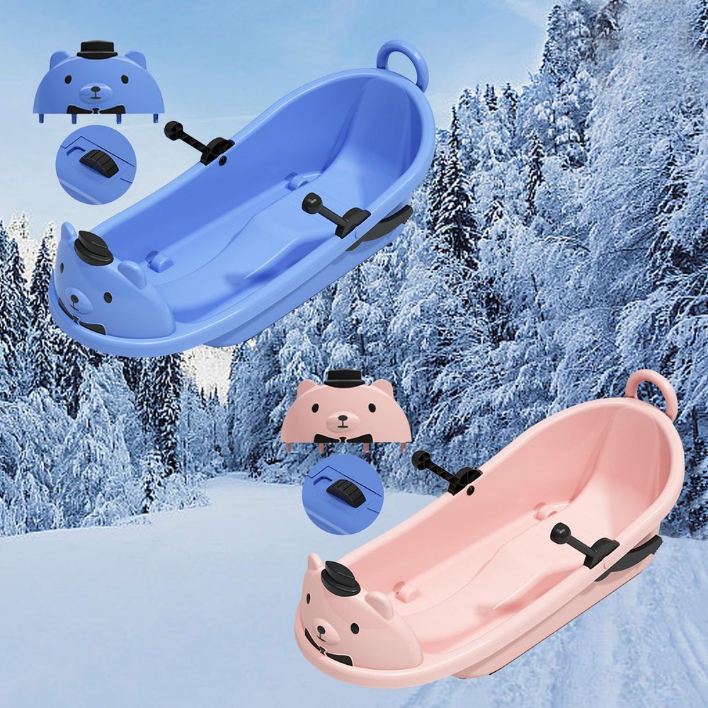 Winter Sled, Frost-Resistant Sled, Plastic Sled, Thickened Sled, Children's Cartoon Bear Sled, Sled with Wheels and Big Backrests