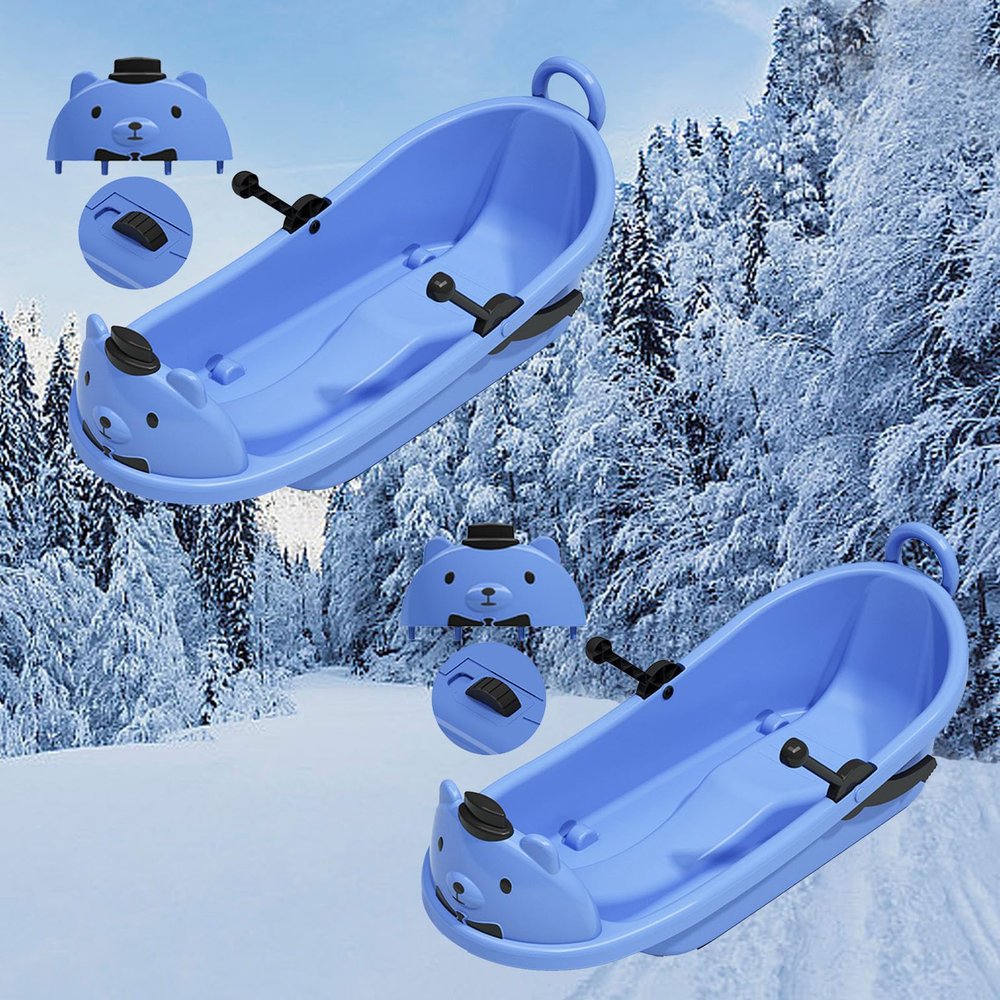 Winter Sled, Frost-Resistant Sled, Plastic Sled, Thickened Sled, Children's Cartoon Bear Sled, Sled with Wheels and Big Backrests