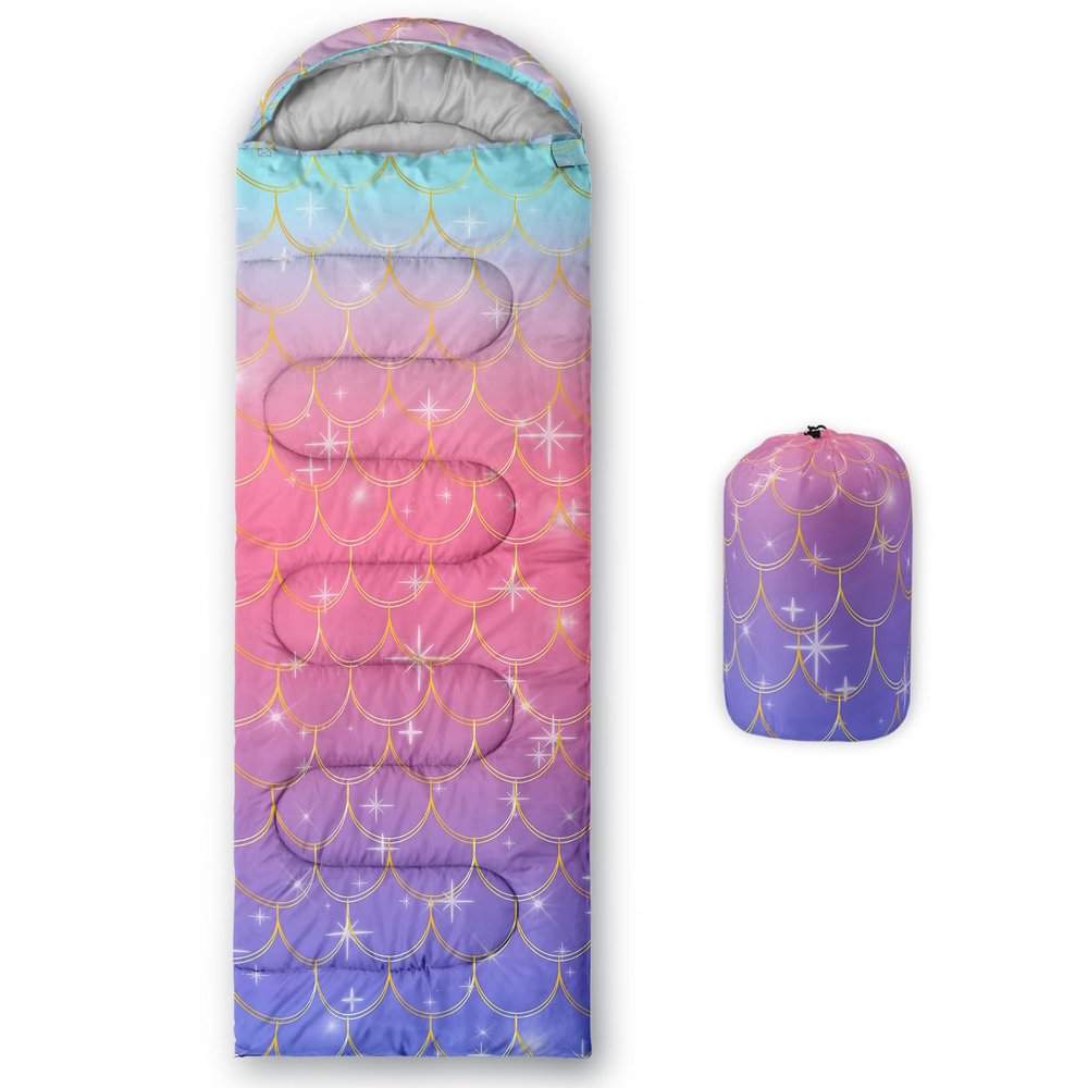 Axolotl Mermaid Scales Sleeping Bag for Kids GirlsLightweight Warm Cold Weather Sleeping Bags,Waterproof Portable Sleeping Bag for Camping,3 Season Cold Weather Sleeping Bag,Sleeping Bag for Hiking