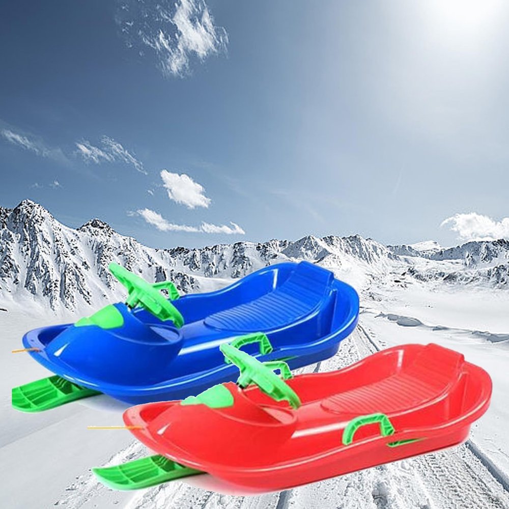 Children's Sledges with Steering Wheel, Two-Person Sledges with Cushions, Plastic Sledges, Sledges with Brake Handrails, Thickened Wear-Resistant Sledges