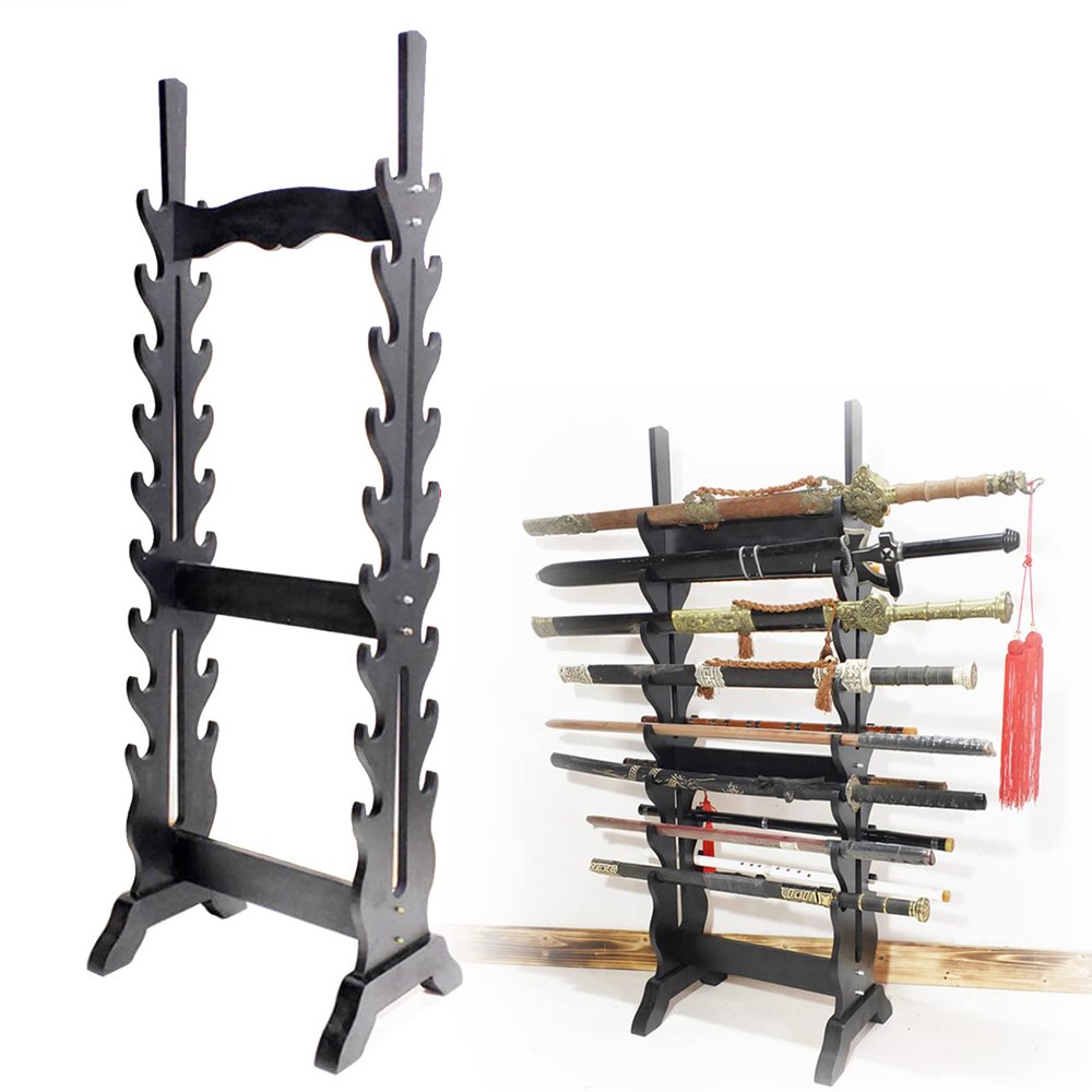 Katana Holder Multi-Layer Floor Sword Display Stand, 16/18/20/24 Tier Wood Sword Hanger Sword Rack Lightsaber Stand, Classic Hollow Katana Holder, Flute, Fishing Rod, Light Tube Stands