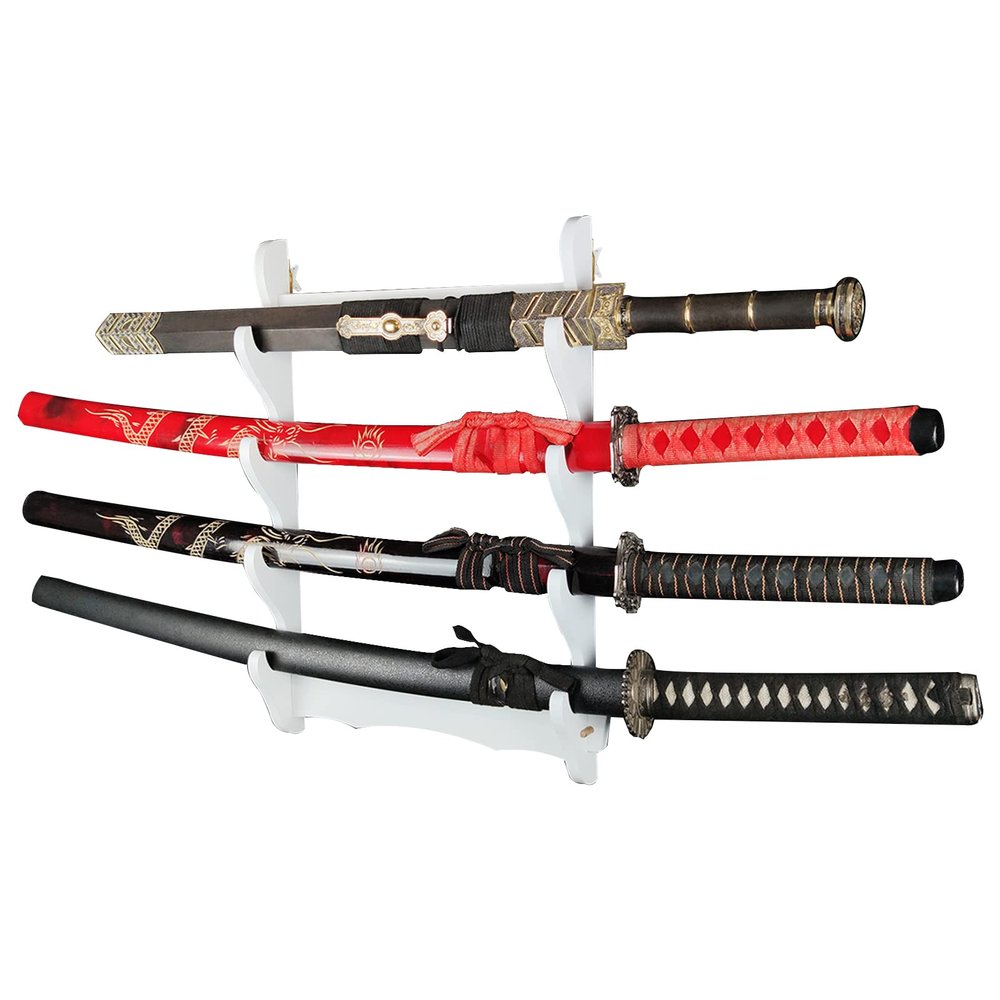 1-6 Tier Sword Holder Wall Mount Samurai Sword Stand Display Katana Wall Hanger Sword Racks, Martial Art Sword Stands - Wooden Multilayer Floor Standing Sword Hanger