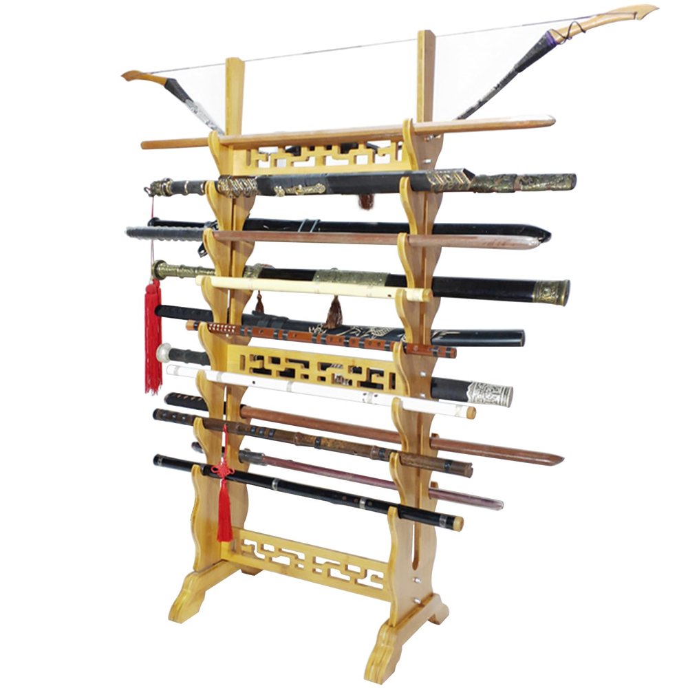 Katana Holder Multi-Layer Floor Sword Display Stand, 16/18/20/24 Tier Wood Sword Hanger Sword Rack Lightsaber Stand, Classic Hollow Katana Holder, Flute, Fishing Rod, Light Tube Stands