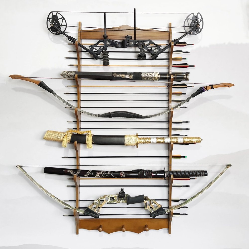 Sword Holder Sword Display Wall Mount Wood Katana Stand 6-Tier Samurai Display Rack, Wand Holder Sword Wall Hanger for Katana Sword Flute Fishing Rods Lightsaber Stand