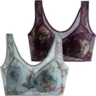 2PCS Lace Buttonless Comfortable Bra, Push-Up Lace Bra, Floral Wireless Lace Bralette Anti-Sagging Bra for Women (05,L)