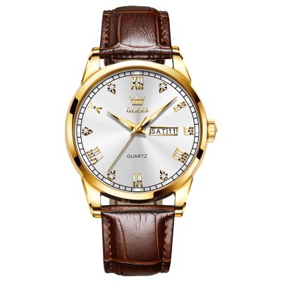 QBAIZI Mens Leather Band Watch Date and Day,Brown Wrist Watch for Men White Face,Fashion Diamond Water Resistant Men's Wristwatch Roman Numerals,Round Analog Quartz Man Watch for Men Gold Tone