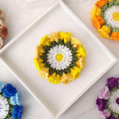 Hand Crocheted Lily of The Valley Flower Coffee Coaster (Yellow)