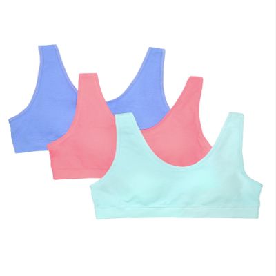 Fruit of The Loom Big Girls Seamless Stretch Sports Bra 3 Pack Cornflower Blue/Peach Sorbet/Aruba Blue XL