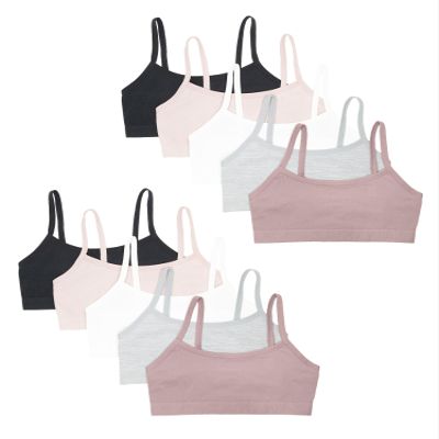 Fruit of the Loom Girls Cotton Training Bras, Bras for Girls 8-10, 10-12 and Bra for Teen Girls 14-16, Big Girl Bra in Fun Colors and Prints Rose Shadow/Premium Plum/White/Grey Heather/Black XL