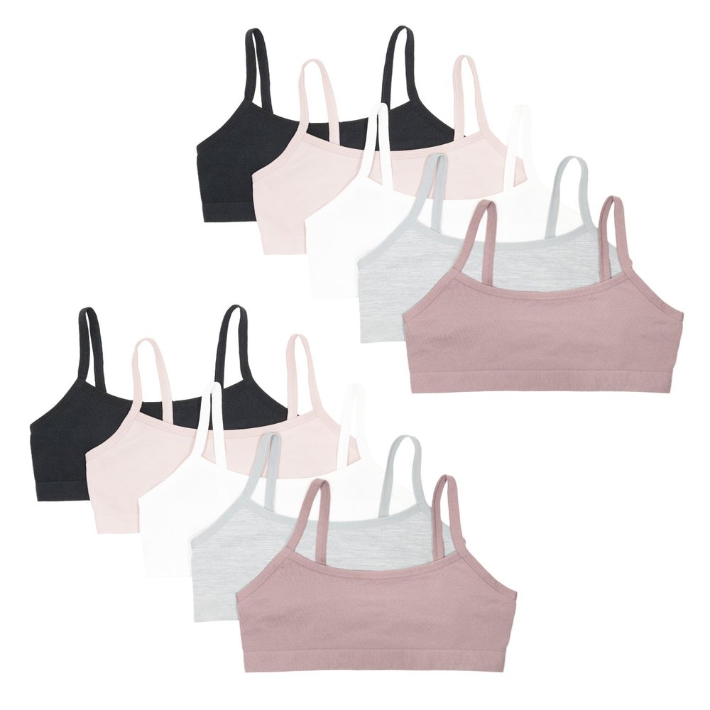 Fruit of the Loom Girls Cotton Training Bras, Bras for Girls 8-10, 10-12 and Bra for Teen Girls 14-16, Big Girl Bra in Fun Colors and Prints Rose Shadow/Premium Plum/White/Grey Heather/Black XL