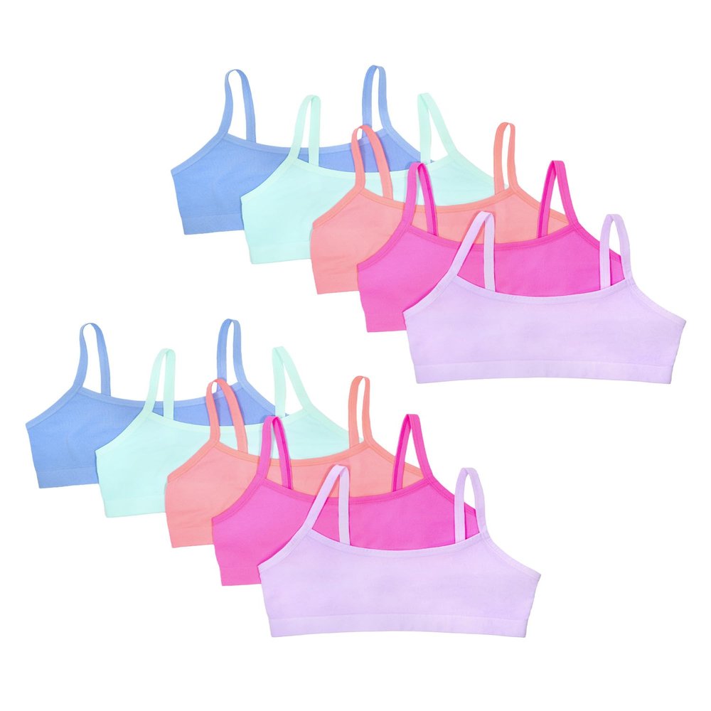 Fruit of the Loom Girls Cotton Training Bras, Bras for Girls 8-10, 10-12 and Bra for Teen Girls 14-16, Big Girl Bra in Fun Colors and Prints Stellar/Sugar/Peach/Aruba/Blue XL