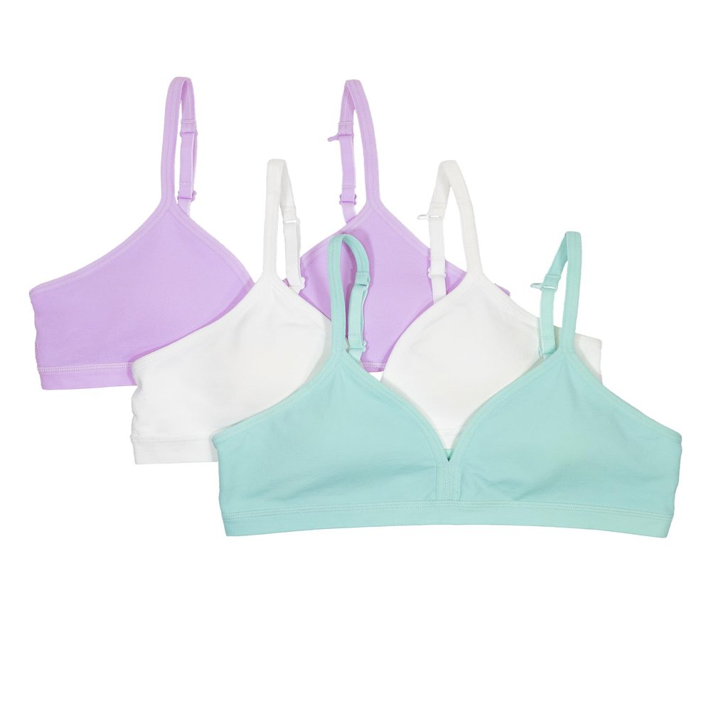 Fruit of The Loom Big Girls Soft and Smooth Training Bra, First Bras for Teen 3 Pack Aruba Blue/Stellar Orchid/White S