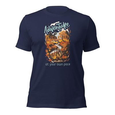 Adventure Sloth T-Shirt, Hiking Sloth Shirt, Fall Hiker Sloth Tshirt, Solth Lover Gift, Hiking Enthusiast Tee, Nature Walking Navy