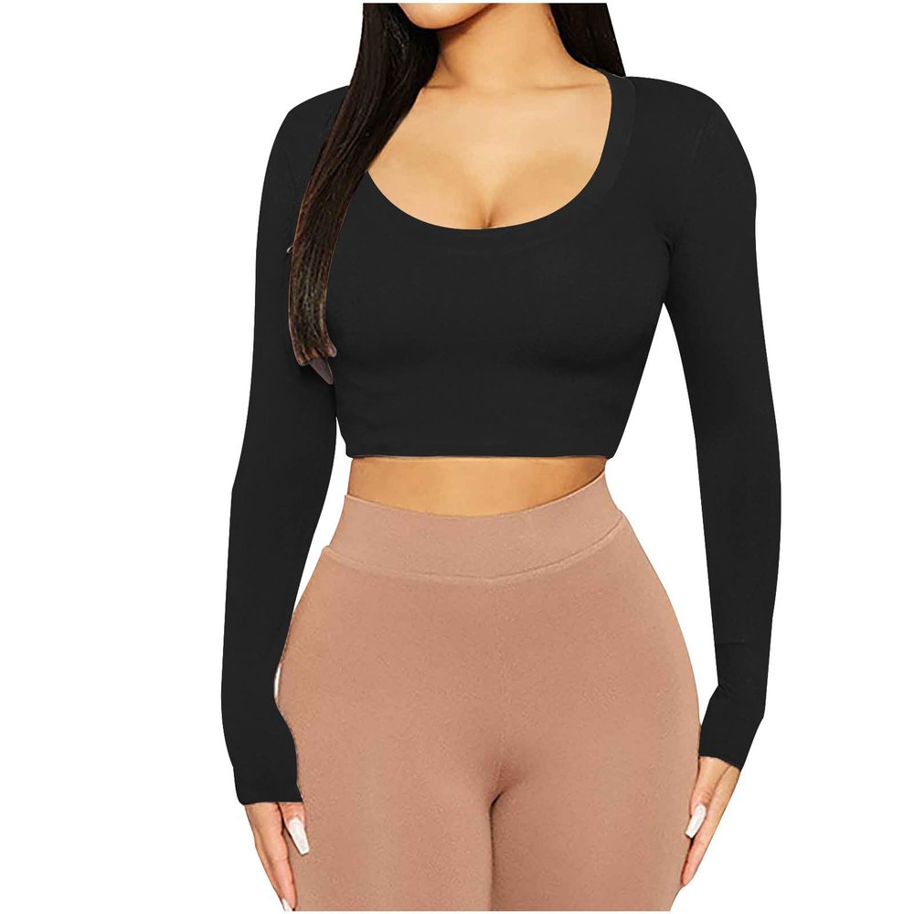 Long Sleeve Crop Top for Women Trendy Teen Girls Casual Scoop Neck Basic Layering Shirts Yoga Workout Y2K Fitted Blouse Black