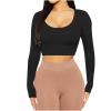 Long Sleeve Crop Top for Women Trendy Teen Girls Casual Scoop Neck Basic Layering Shirts Yoga Workout Y2K Fitted Blouse Black view 1