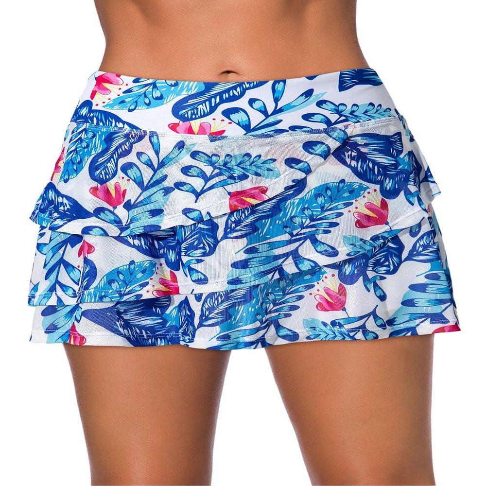 Aleumdr Women's Swimdress 2026 Ruffle Bikini Bottom Swim Skirt High Waist Built-in Swim Bottoms Blue Printed Small
