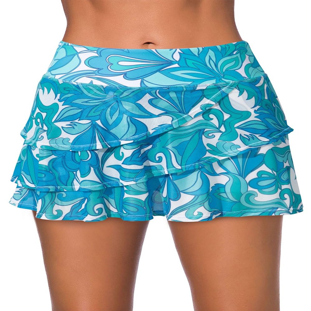 Aleumdr Women's 2026 Three Layered Swim Skirted Built-in Brief Bikini Swim Bottom Swimdress Sky Blue Printed X-Large