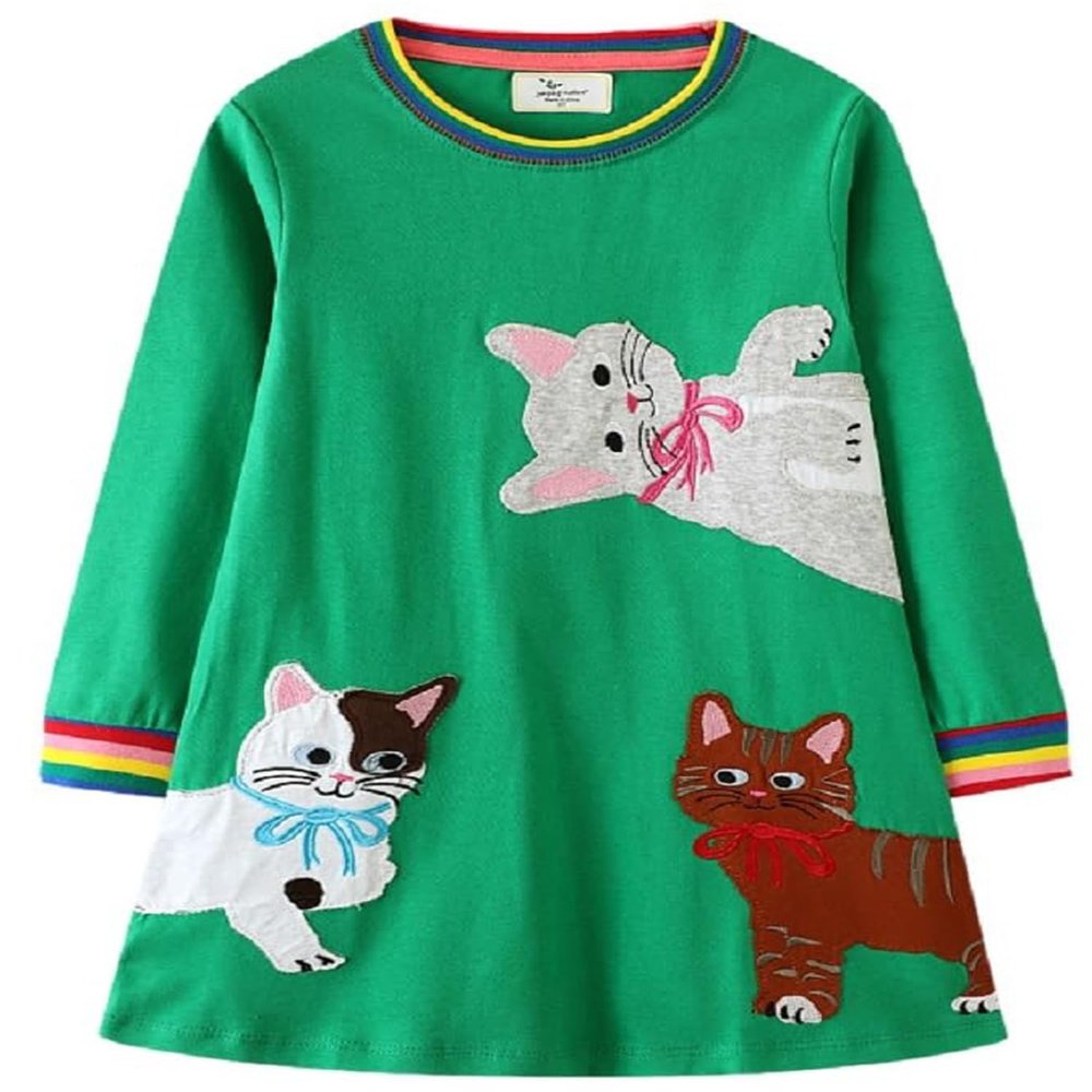 FreeLu Toddler Girls Cartoon Applique Dresses Striped Casual Dress Cotton Jersey Longsleeve T-Shirt (6T,Kittens)