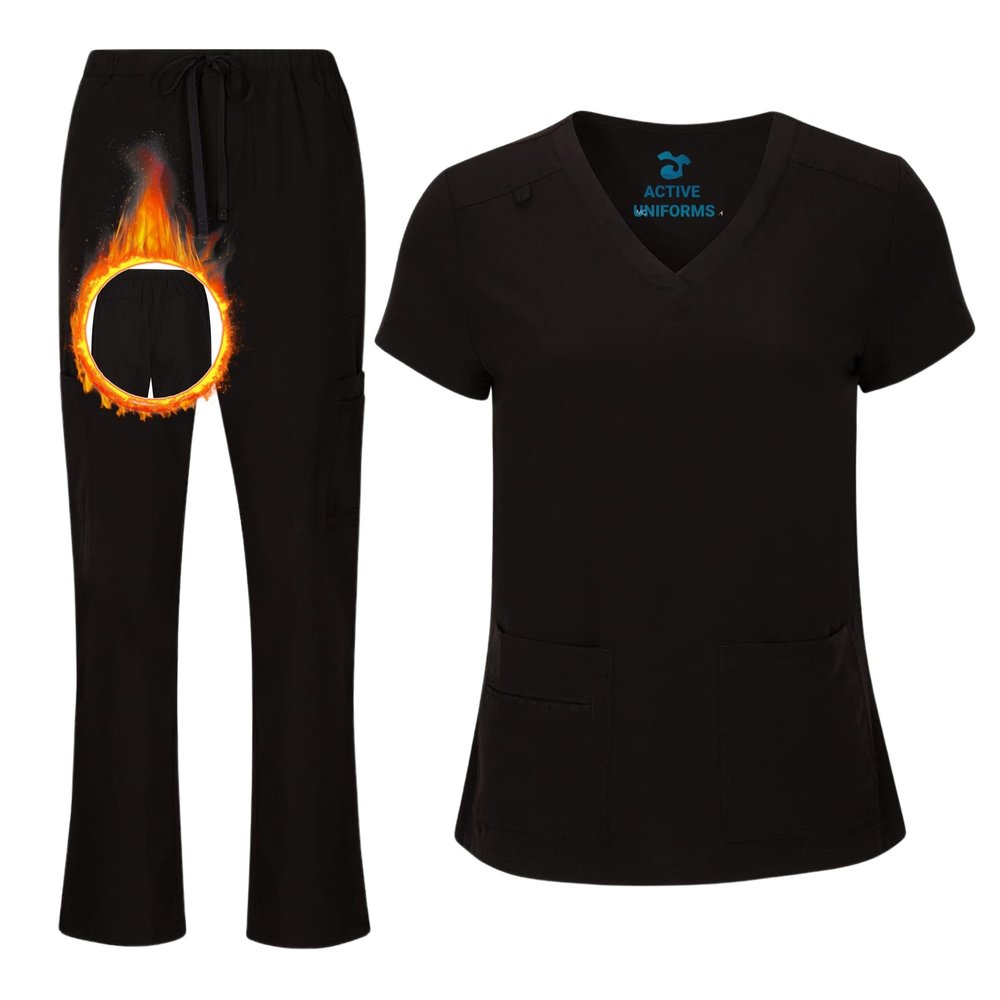 ACTIVE UNIFORMS Women's V-Neck Petite Size Scrub Set Cool Stretch Scrub Top and Cargo Pant Set (Black, Medium-Petite)