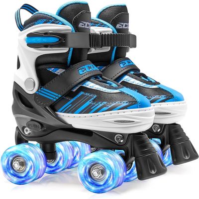 ECOO Roller Skates for Girls Boys Ages 4-12, Toddler Kids 4 Size Adjustable Light up Wheels Beginner Skates (Blue, Small-Little Kids(11j-13j US)