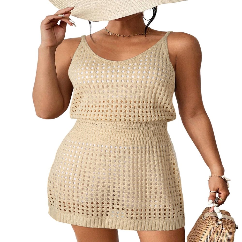 Dokotoo Women's Swimwear Cover Ups 2026 Summer Scoop Neck Sleeveless Bathing Suit Crochet Hollow Out Spaghetti Straps Resort Wear Outfits Beach Dresses for Women Apricot XX-Large