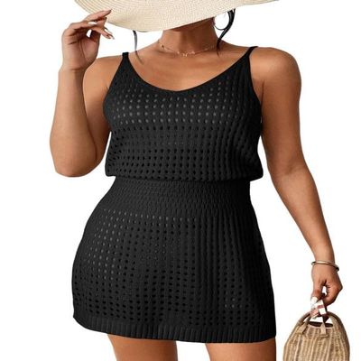 Dokotoo Swimsuit Women Cover Up 2026 Summer Casual Scoop Neck Sleeveless Crochet Hollow Out Womens Spaghetti Straps Knit Dress Beach Clothes Swimwear Hawaiian Shirt Dresses Black Large