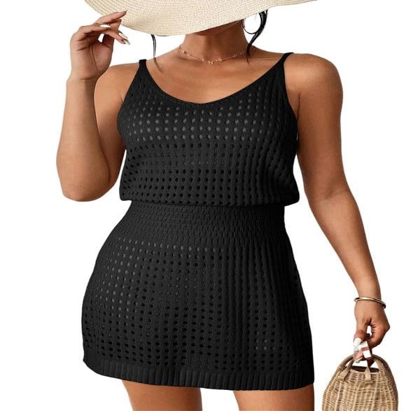 Dokotoo Swimsuit Women Cover Up 2026 Summer Casual Scoop Neck Sleeveless Crochet Hollow Out Womens Spaghetti Straps Knit Dress Beach Clothes Swimwear Hawaiian Shirt Dresses Black Large