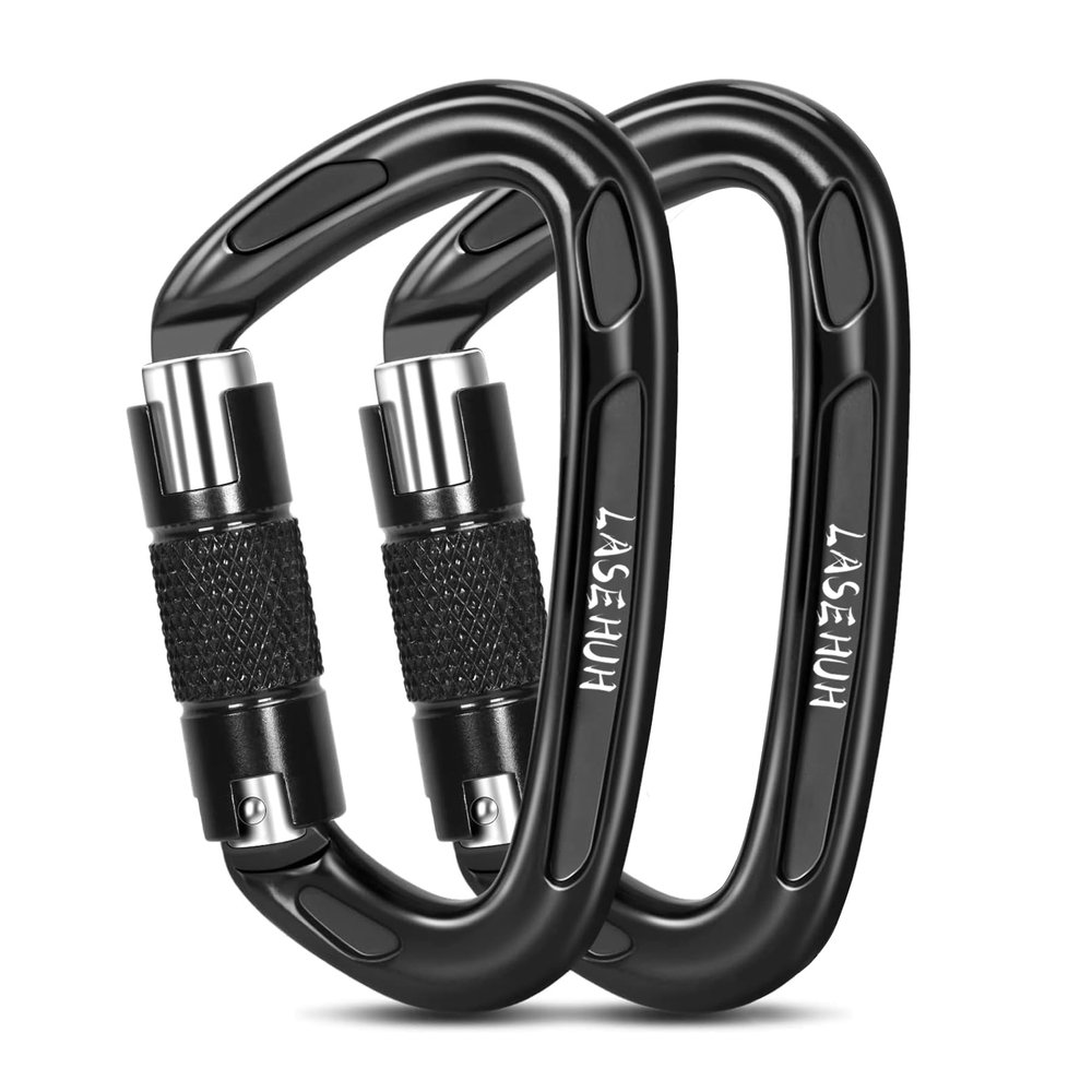 Lasehuh UIAA Certified 25KN Auto Locking Climbing Carabiner Clips, D Shaped, Twist Lock, and Heavy Duty Carabiners for Rock Climbing, Rappelling,3.93 Inch, Large Size. (Black Silver-2PCS)