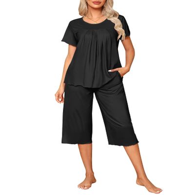 Ekouaer Pajama Set for Women 2 Piece Capri Pants Short Sleeve Top Sleepwear Soft Pjs Loungewear with Pockets S-3XL Black