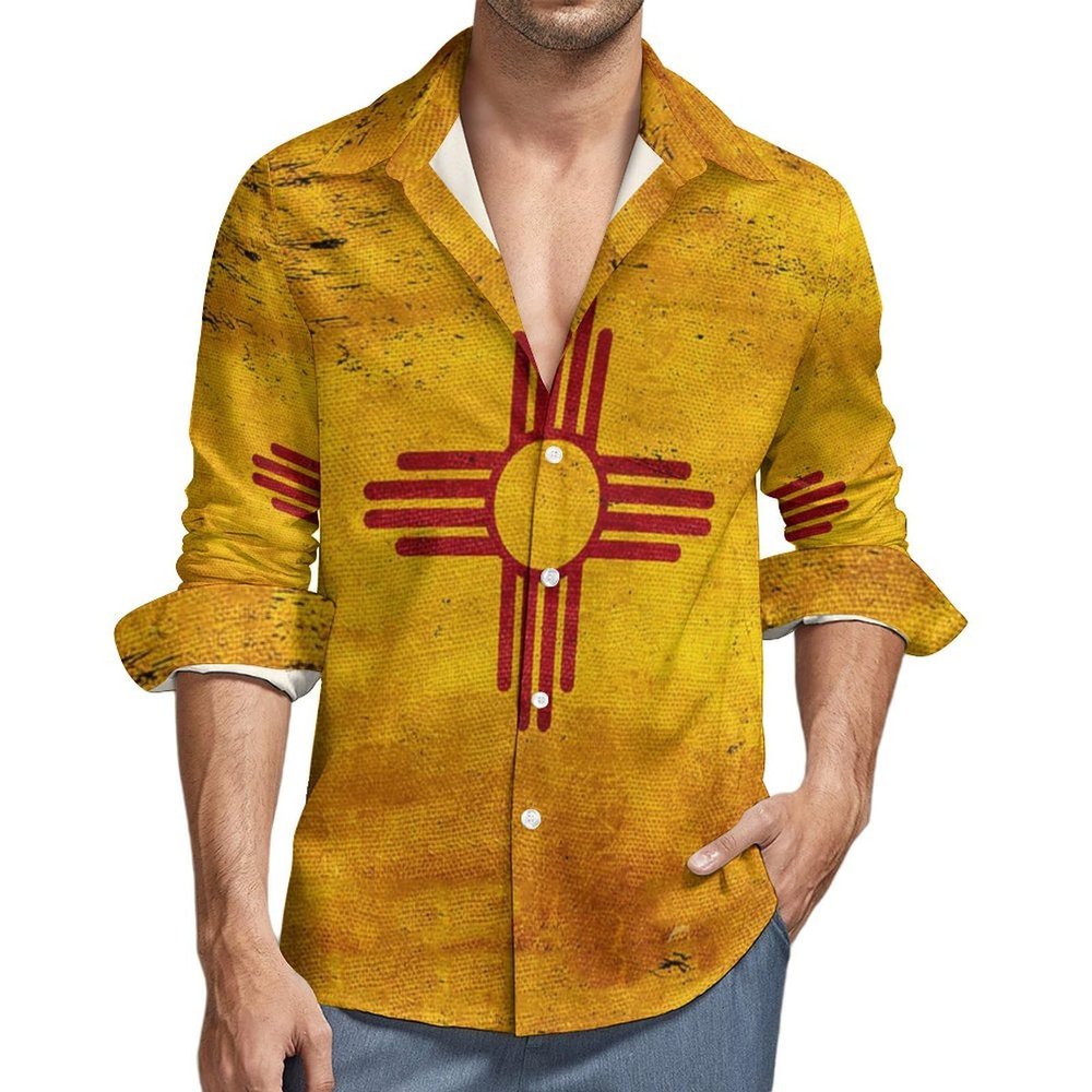 Distressed New Mexico Flag Fashion Mens Long Sleeve Shirt Button-Down Tops T Shirts Casual Pocket Tees 2XL