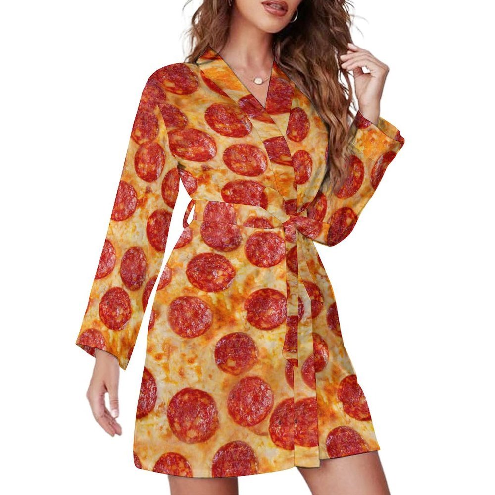 Italian Pepperoni Pizza Soft Womens Robe Lightweight Sleepwear Long Sleeves Short Bathrobe Loungewear L