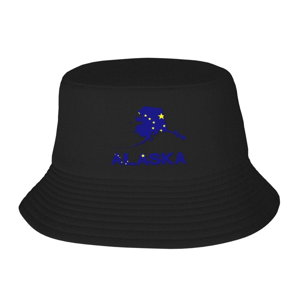 Alaska Map Flag and Text Trendy Sun Hat Unisex Bucket Hat for Travel Hiking Safari Vacation Fishing Cap Uv Protection Boonie Hat Black