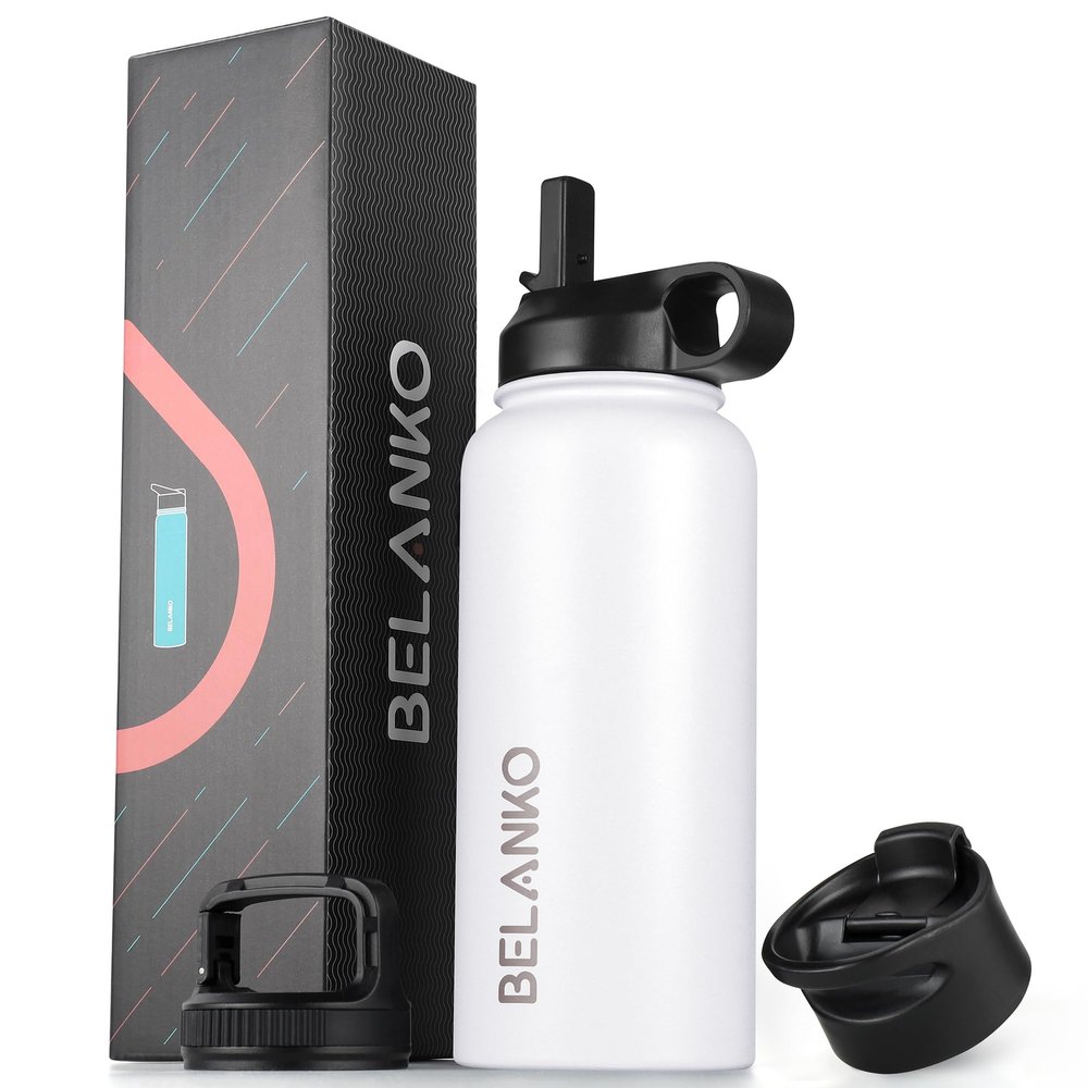 BELANKO 32 oz Stainless Steel Water Bottle Jug with Straw, 3 Leak-Proof Lids, Vacuum Insulated BPA-Free Hydration Bottle for Sports, Travel, Office, Daily Refill - Polar White