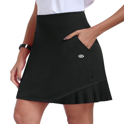 MoFiz 20" Knee Length Skorts Skirt for Women Golf Tennis Skort High Waisted Pleated Athletic Skirt for Sports Workout Summer Casual with Pockets, Black L