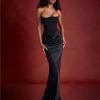 Autumn New Waist-Hugging Long Skirt European and American Style Satin Tube Top Pleated Splicing Dress for Women (Color : Black, Size : Large) view 2
