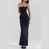 Autumn New Waist-Hugging Long Skirt European and American Style Satin Tube Top Pleated Splicing Dress for Women (Color : Black, Size : Large) view 3