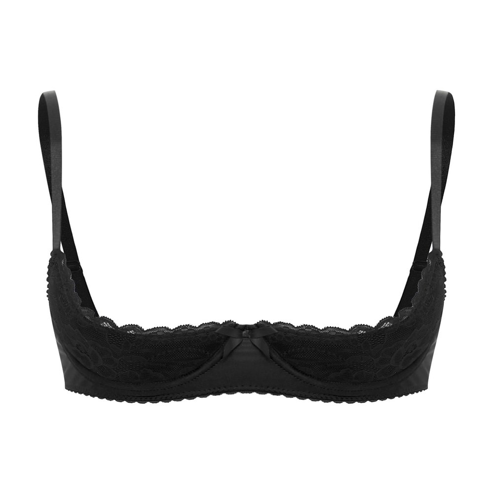 Lejafay Women See Through Lace 1/4 Cups Balconette Bustier Brassiere Padded Underwire Shelf Bra Tops 4#Black C Medium