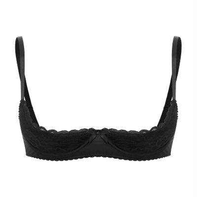 Lejafay Women See Through Lace 1/4 Cups Balconette Bustier Brassiere Padded Underwire Shelf Bra Tops 4#Black C 3X-Large