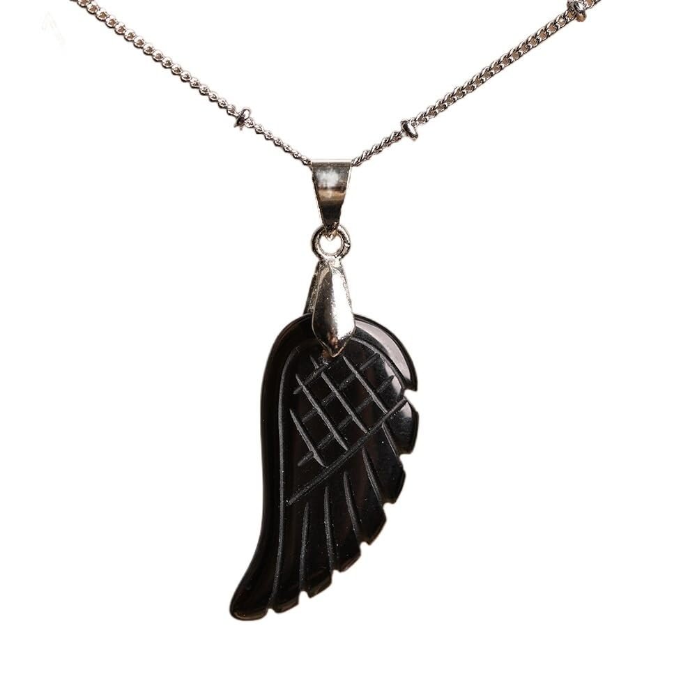HXSCOO Natural Gemstone Angel Wings Choker Pendant Necklace (Color : Black Agate)